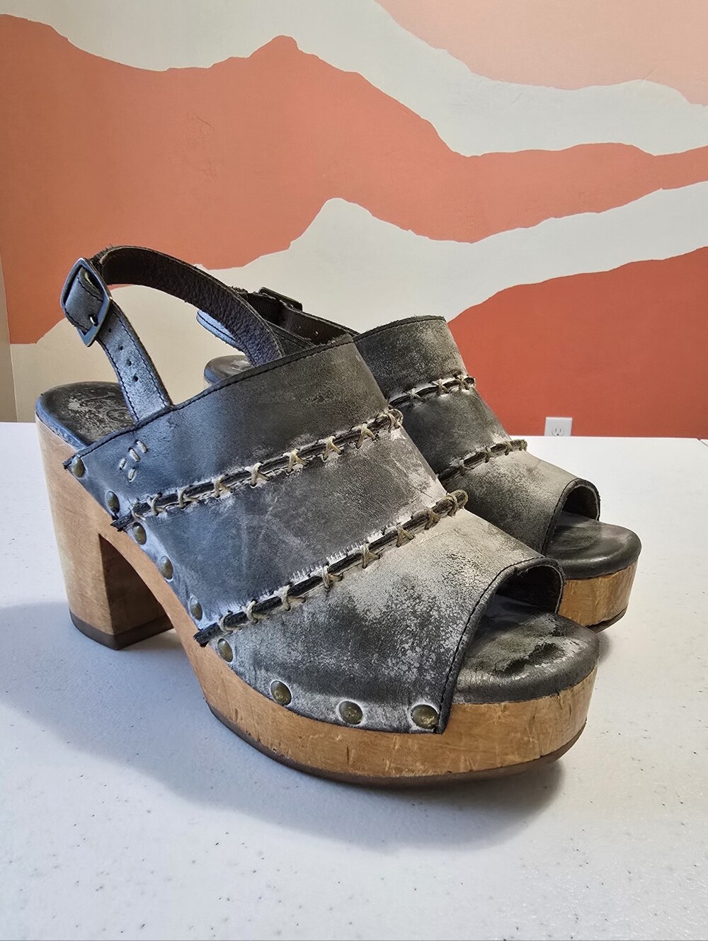 ROAN BY BED STU Roxy Leather Heeled Stud Distressed Clog Sandal Women's 7.5